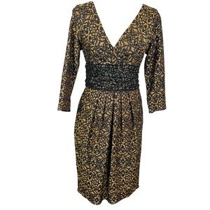 Kay Unger Elegant Black and Gold Long Sleeve Lace Pattern Dress